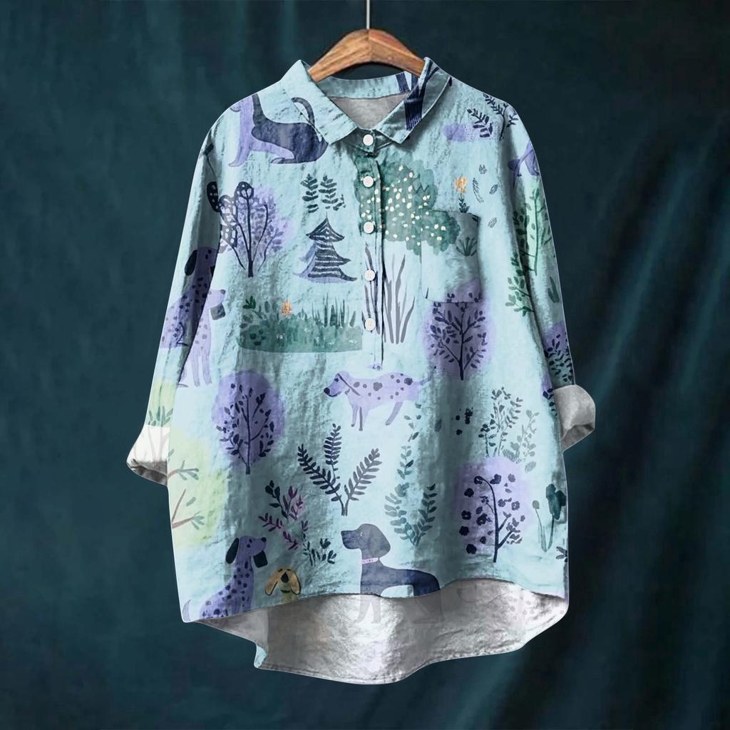 Women's Long Sleeve Shirt Button Vintage Floral Print Casual Hem Irregular Shirt Collar Top
