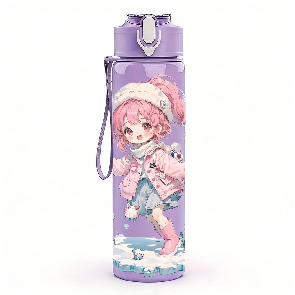 1PC Pink Hat Girl Snow Winter Scene Pattern 750ml Color Plastic Sports Water Bottle Leakproof Flip Straw Lid Suitable for Sports Office Home Use