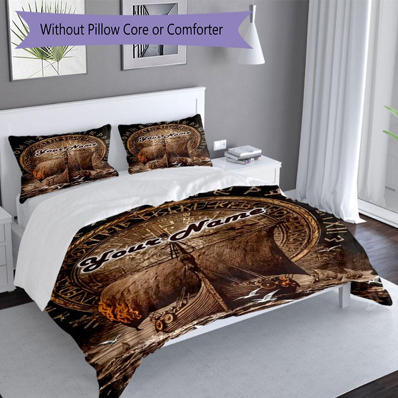 3PC Custom Name Ship Norse Mythology Bedding Set Printed Bedding Set Duvet Cover Closure Includes 1 Duvet Cover & 2 Pillowcases for All Seasons Bedroo