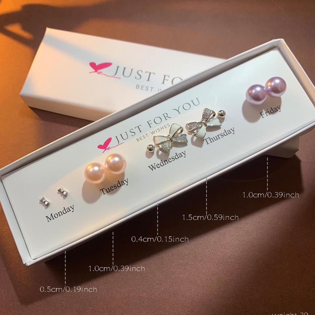 Weekly Earring Set: Flower Zircon Studs, Simple Ear Cuffs, Pearl Tassel French Earrings - 5 Pairs