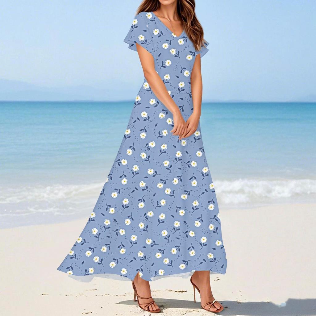 Women's Summer Casual Fashion Print Dresses V-Neck Short Sleeve Dresses