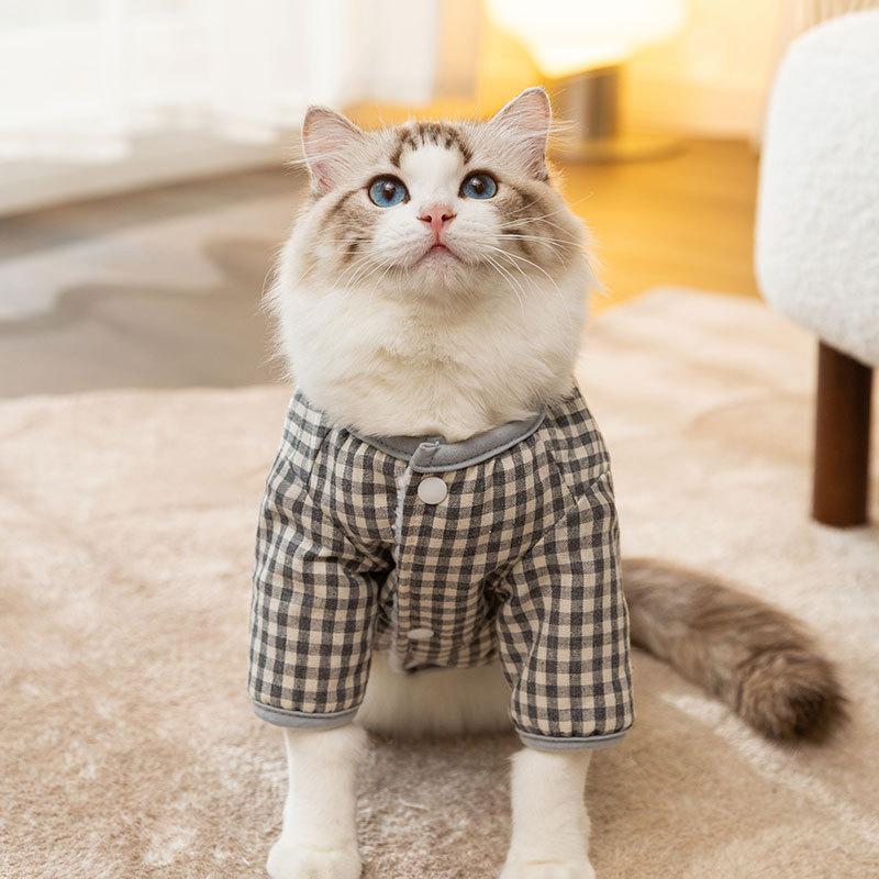 Cat clothes, autumn and winter, Japan and Korea, simple plaid can be pulled, cotton-padded clothes, puppies, dogs, two feet, pet cat clothes