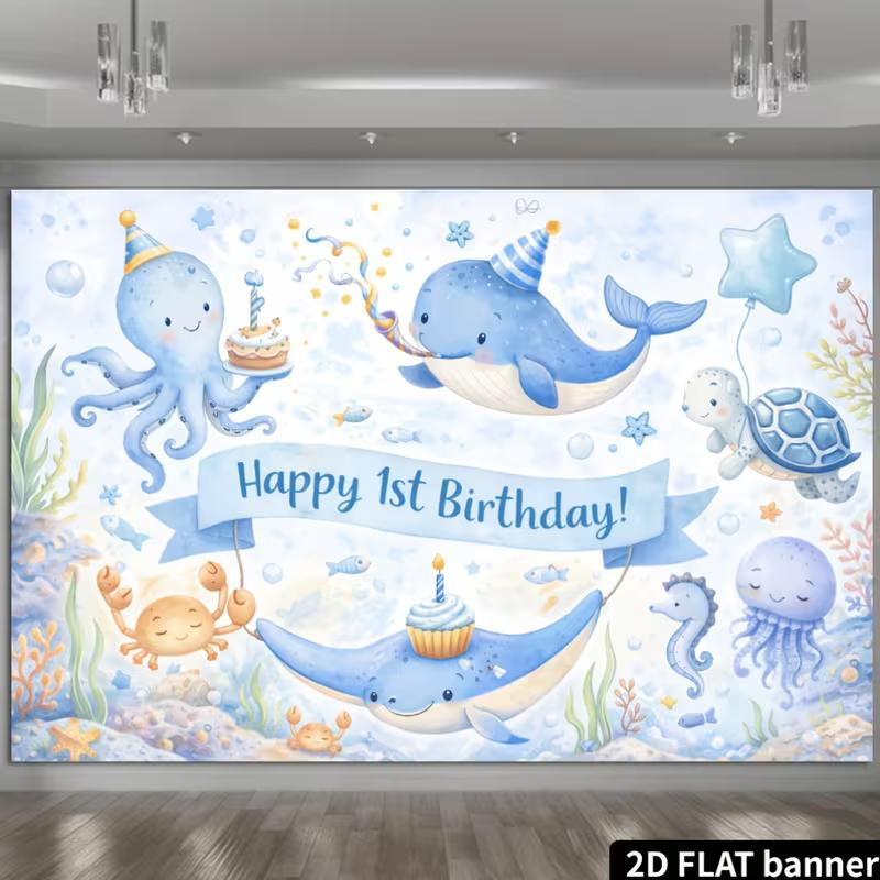 2D Watercolor Ocean Animals 1st Birthday Backdrop Underwater Party Supplies