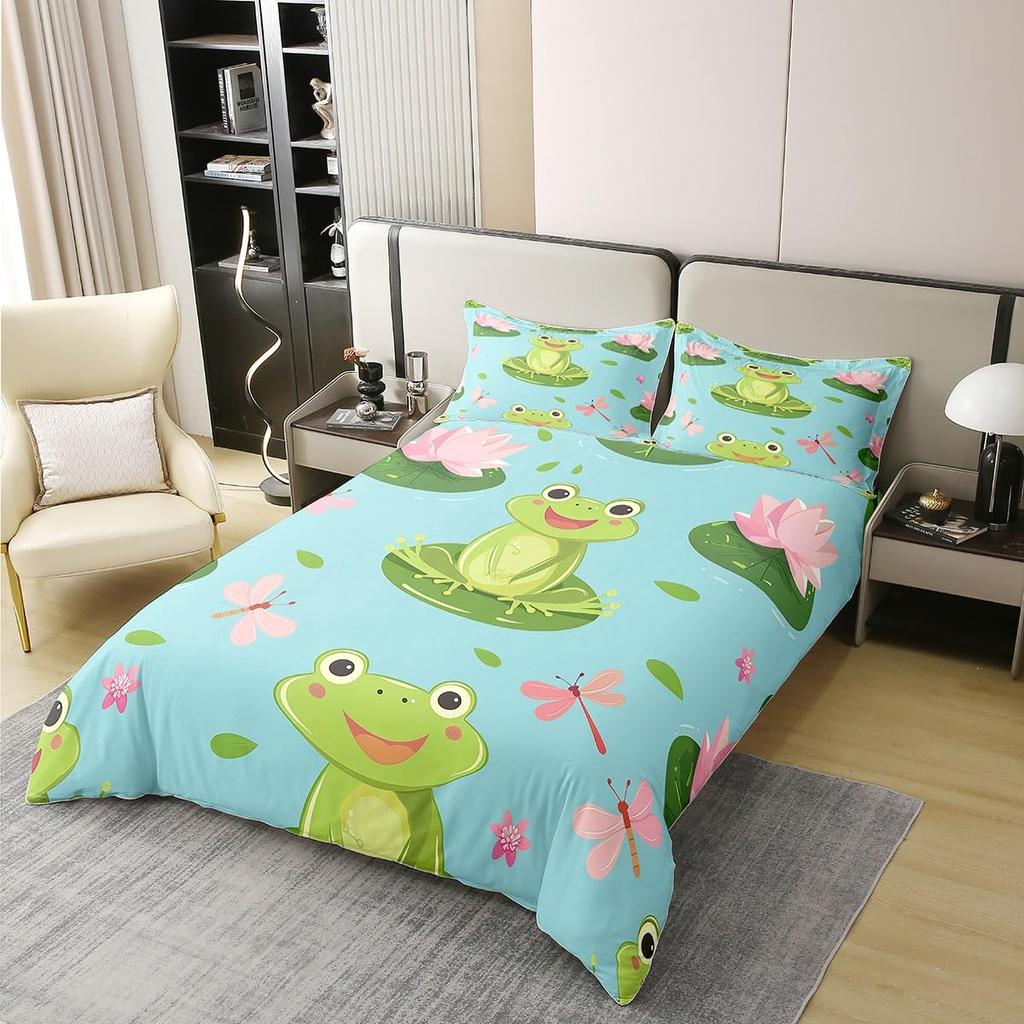 Frog And Lotus Leaf Duvet Cover Sets For Kids Boys Girls Lightweight Quilt Covers Green Animals Themed Bedding Set Bedroom Decor