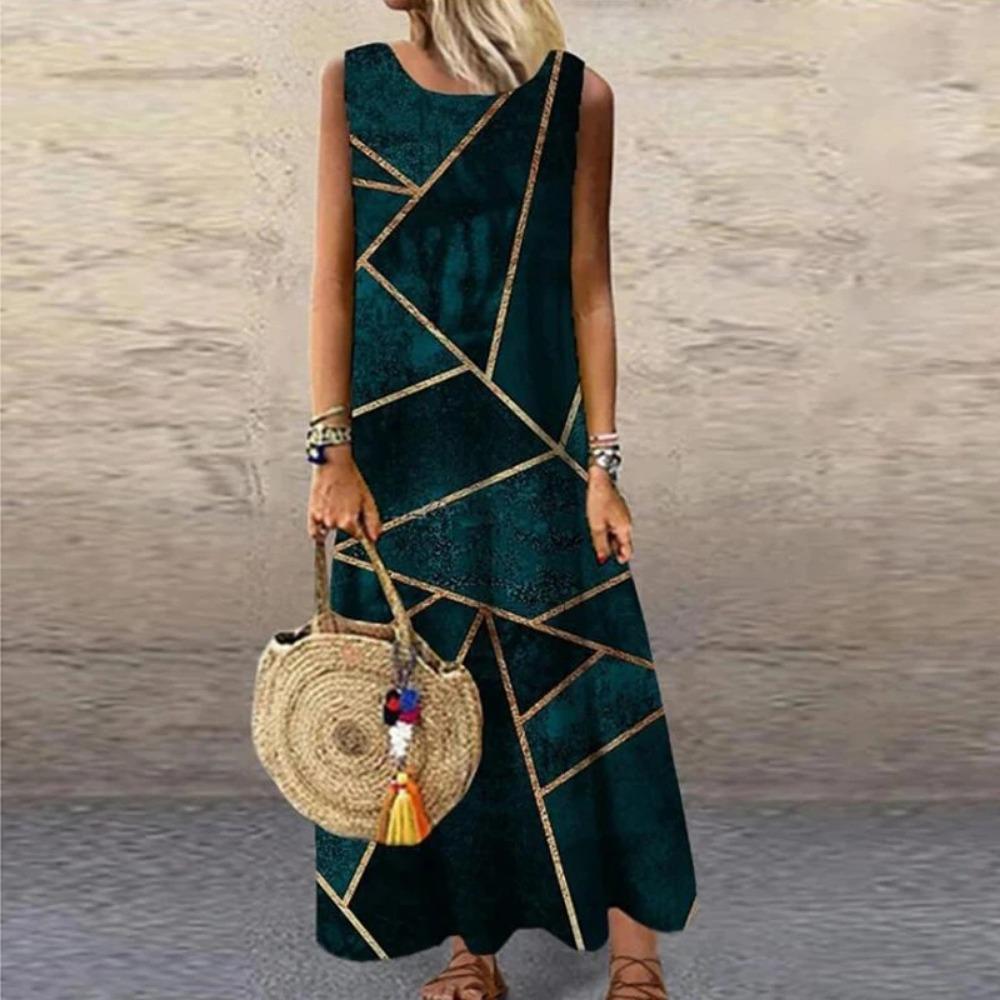 Ärmelloses Damenkleid mit Aufdruck, Rundhalsausschnitt, Gerader lockerer Schnitt, Modisch, Elegant für den Arbeitsweg, Lang, Lässig, Frühling, Sommer, Neu