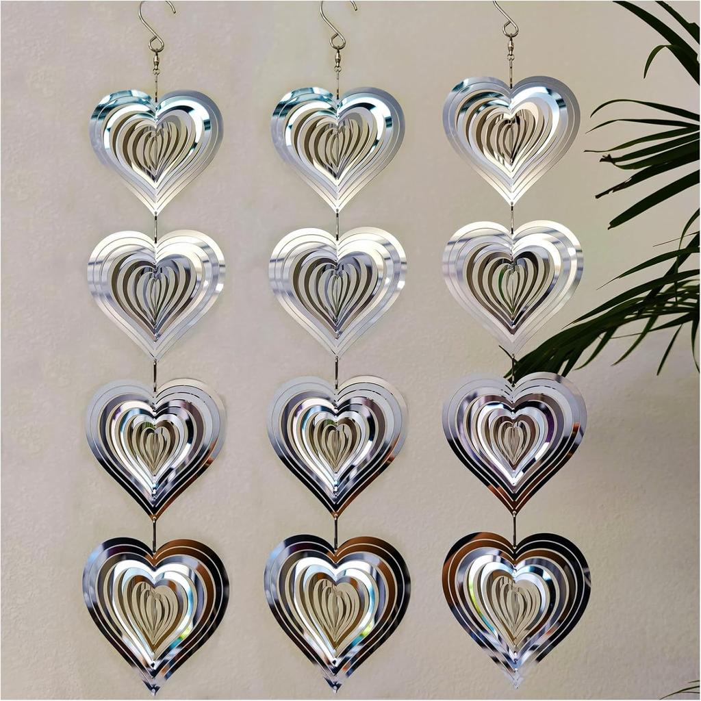 3Pcs Heart Shape Reflective Bird Scare Discs Double Sided Metal Hanging Bird Deterrent Wind Spinner for Garden Patio Farm