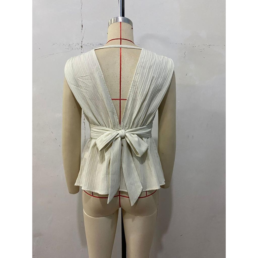 New Women's Sleeveless Top, French Style Solid Textured V-neck Waist-cinched Casual Blouse