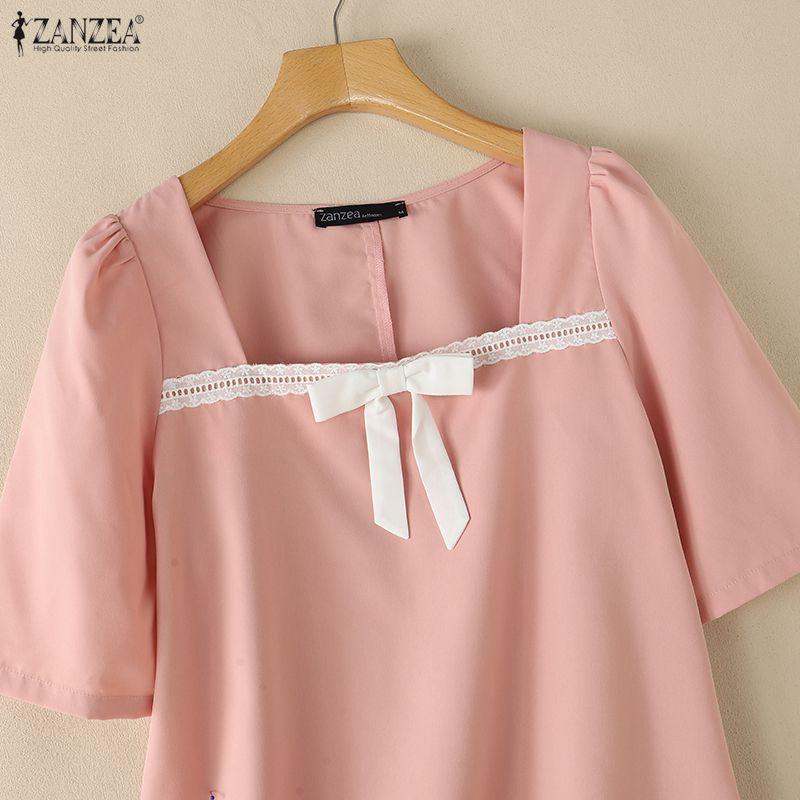 ZANZEA Women Elegant Square Collar Summer Casual Short Sleeve Blouse