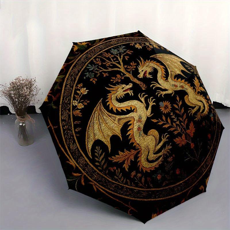 Golden Dragons and Floral Tapestry Rug - Circular Design Umbrella, Portable 3-Fold Compact Umbrella for Men & Women