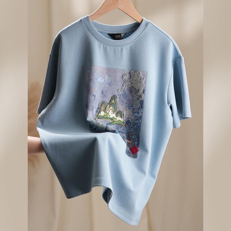 Bailuyu Retro Landscape Embroidered Knitted T-Shirt M