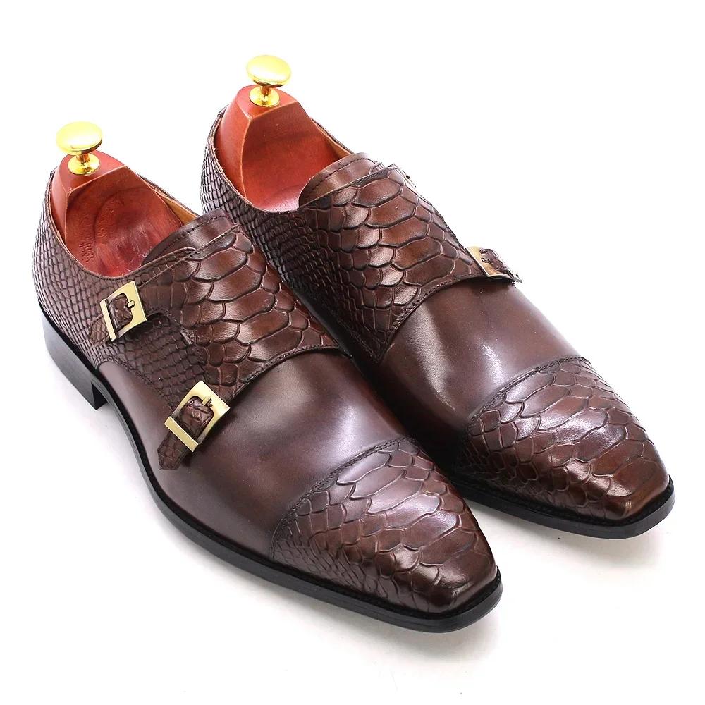 Fashion Men's Dress Shoes Size 39-46 Genuine Leather Double Buckle Monk Strap Snake Print Cap Toe Classic Italian Style
