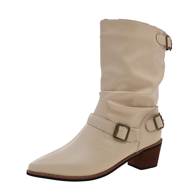 

Fashion Women s Block Heel Single Boots Autumn New Pointed Toe Metal Buckle Anti-slip Wear-resistant Mid-leg Boots 42 бежевый