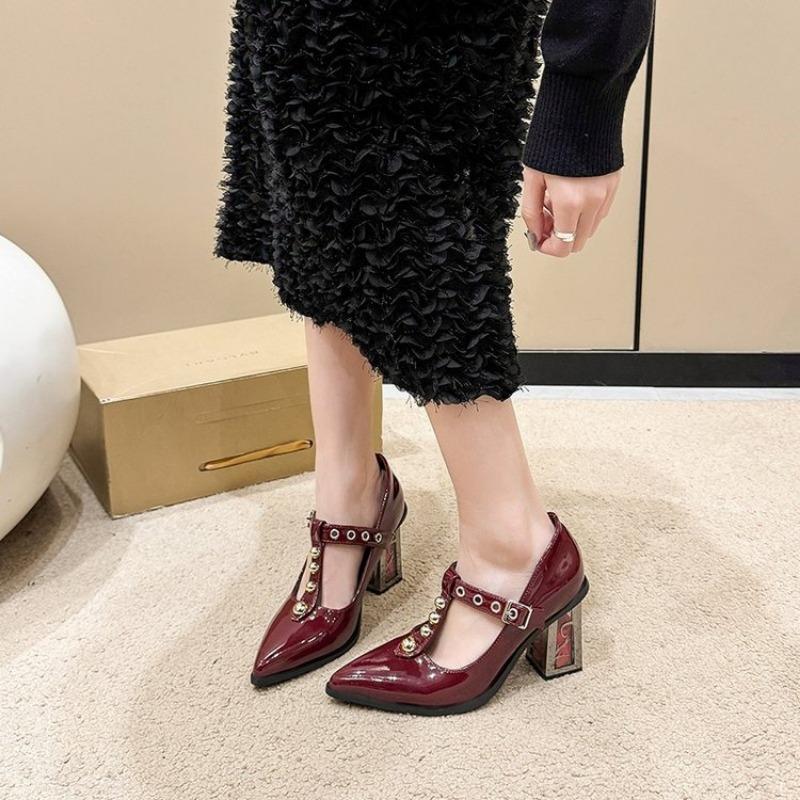 Fashion Footwear Fashion Cross-tied Ankle Women Pumps Heeled Shoes Spring Autumn Female Pointed Toe Buckle Ladies Square Heels Shoes
