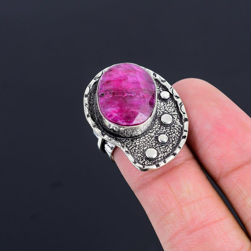 925 Silver Kashmir Ruby Stone Artisan Mother Stackable New Ring Jewelry Size 7.5