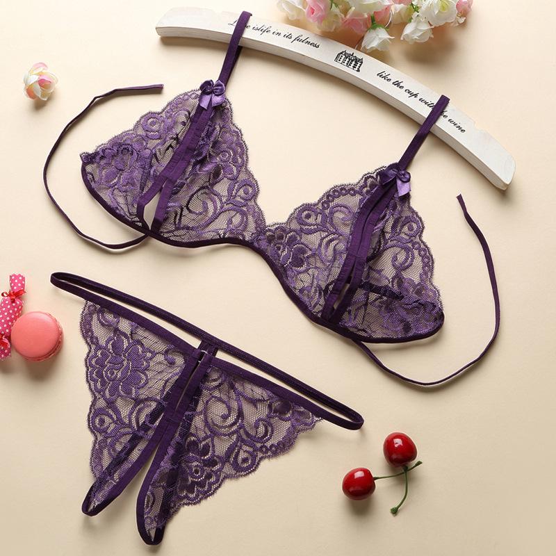 Sexy Lace Lingerie Set with Bowknot and Open Crotch, Women's Three-Point Style C06