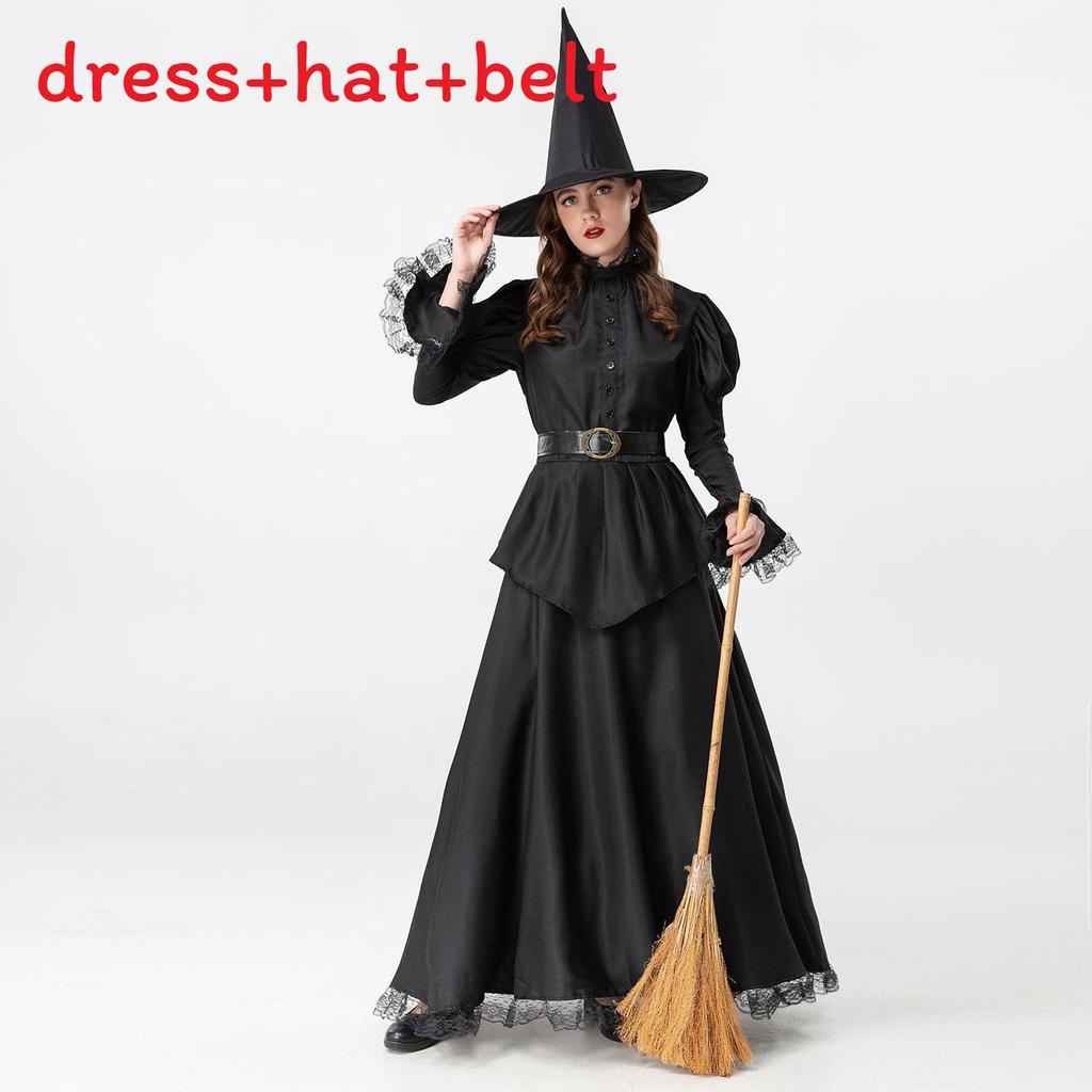 Halloween Witch Costume For Women With Black Dress And Hat For Cosplay Parties