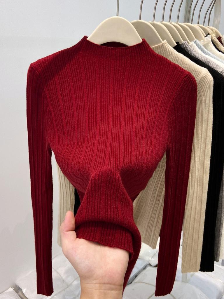 Small Stand-up Collar Pit Strip Knitted Bottoming Shirt Women's Spring Slim-fitting and Thin Inner Top High-end Sweater