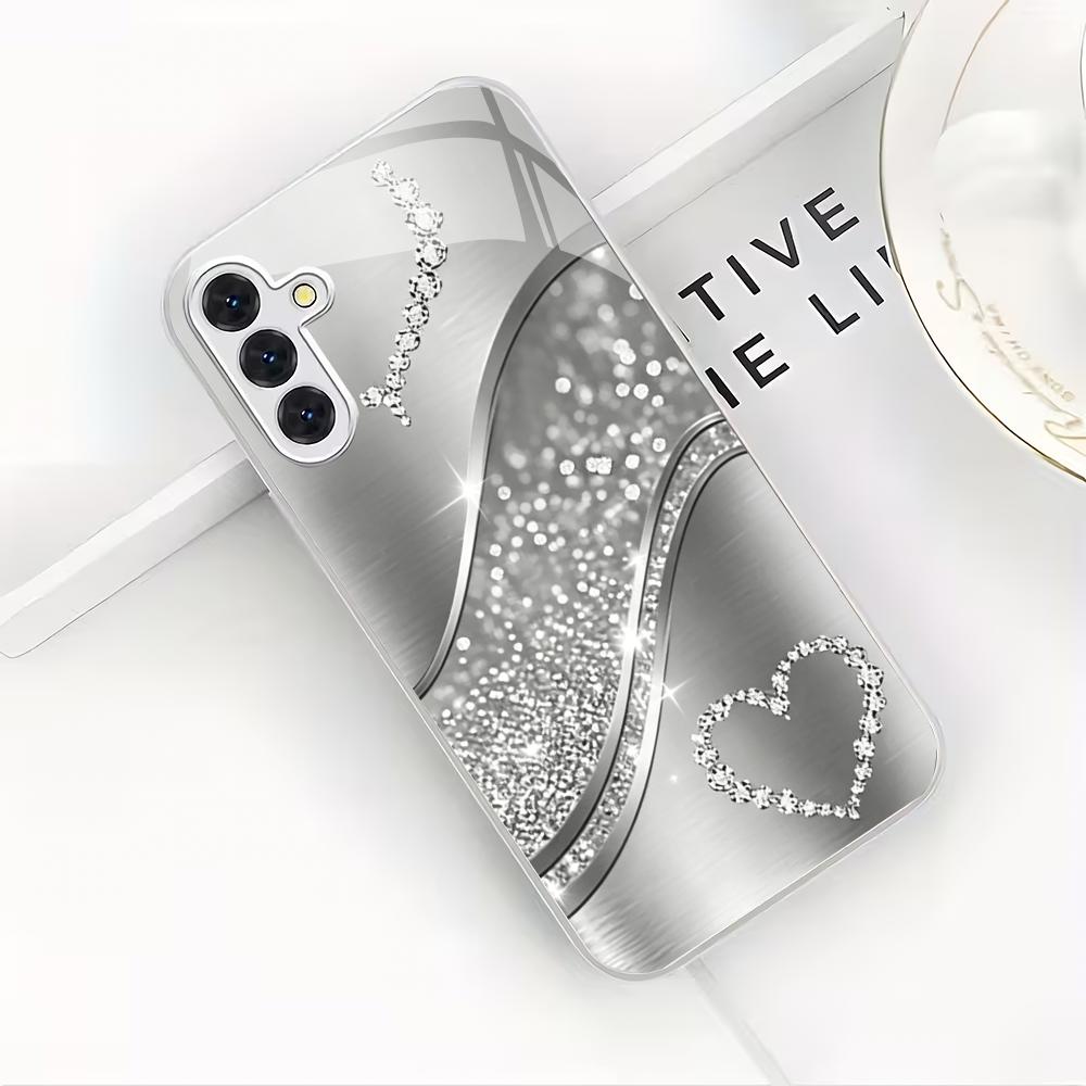 Silver Flash Love Wind Glass Phone Case Suitable for Samsung Galaxy S26 S25 S24 S22 S21 S20 FE/Ultra/Plus Anti Drop Back Cover
