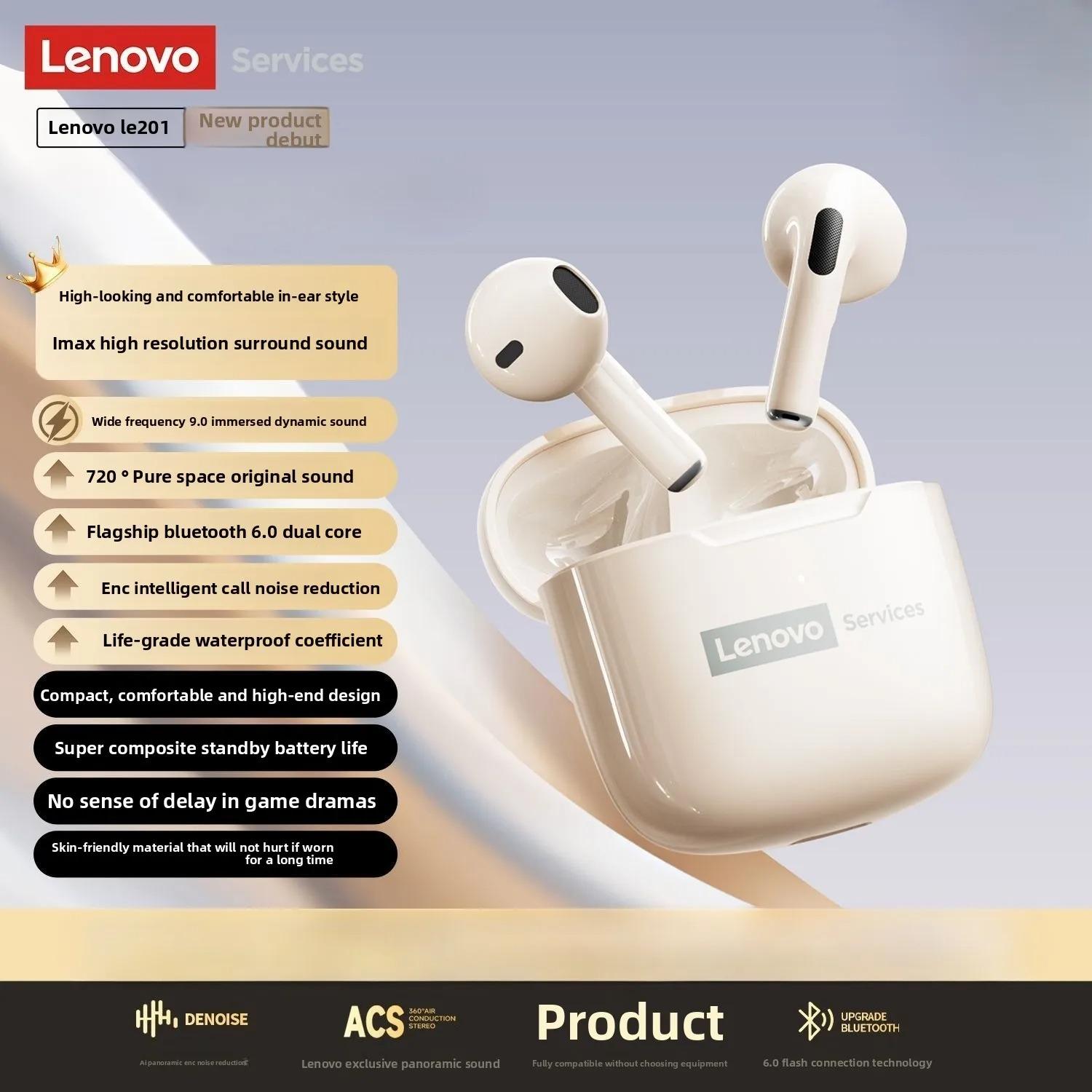 

Original Lenovo LE201 Wireless Headphones Bluetooth 6.0 Earbuds ENC Call Noise Cancellation Ultra Long Latency Surround Sound Earphones бежевий