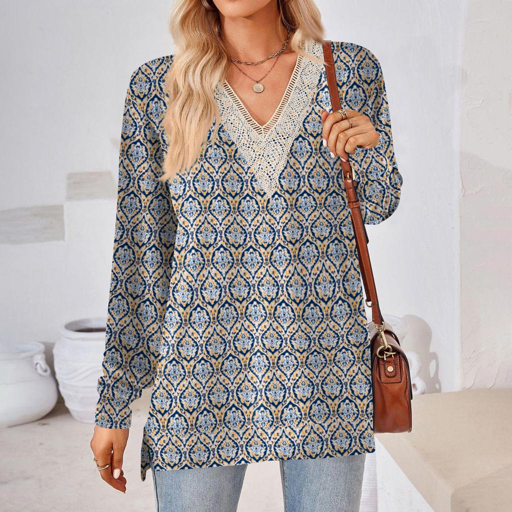 Womens Tops Loose V-neck Contrast Color Split Loose Long Sleeve T-shirt Women's Tops
