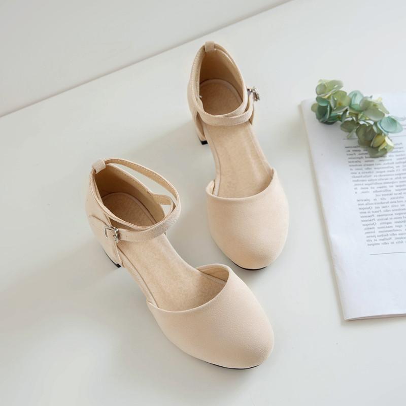 Baotou Sandals Girl Summer New Simple Cross Buckle Suede Small Size Thick Heel Student Versatile Evening Shoes