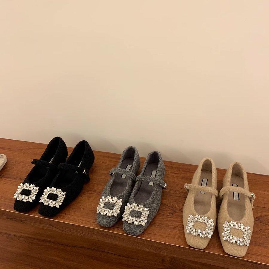 Rhinestone Square Head Velvet Mary Jane Single Shoes 2025 Autumn and Winter French Low-heeled Black Evening Women's Shoes Fluffy Shoes