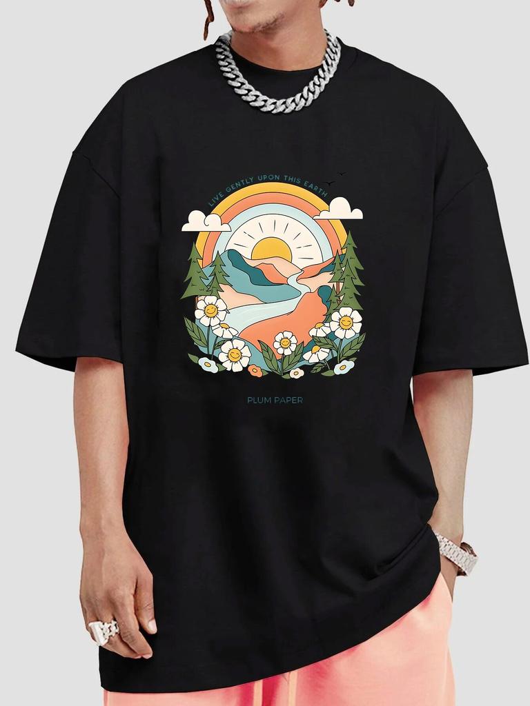 Landschaftsmalerei Harajuku T-Shirts Damen Unisex Sommermode Lebe sanft auf dieser Erde Rückenaufdruck T-Shirts Tops Baumwoll-T-Shirts