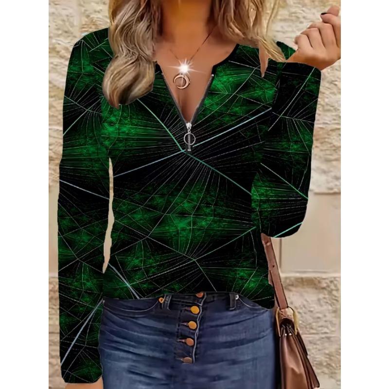 Top da donna elegante con cerniera e stampa a maniche lunghe, alla moda e versatile per l'abbigliamento casual e da ufficio autunnale e invernale, lavabile in lavatrice
