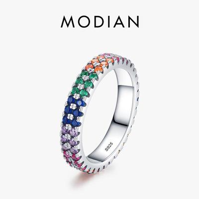 MODIAN 925 Sterling Silver Bright Multicolor Zirconia Fashion Ring For Women Rainbow Color Fine Jewelry Gift
