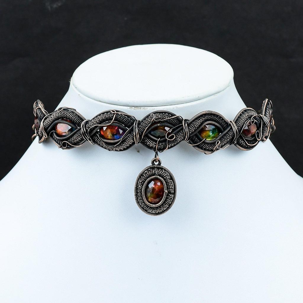 Faceted Ammolite Gemstone Necklace Copper Wire Wrapped Handmade Necklace Adjustable Chain Necklace Ammolite Copper Jewelry Gifts For Women
