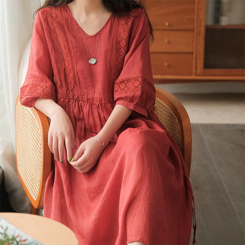 

Летнее этническое платье из хлопка и льна, женское свободное повседневное винтажное лоскутное платье, женский халат с рукавом три четверти, однотонное, V-образный вырез, Vestido L красный