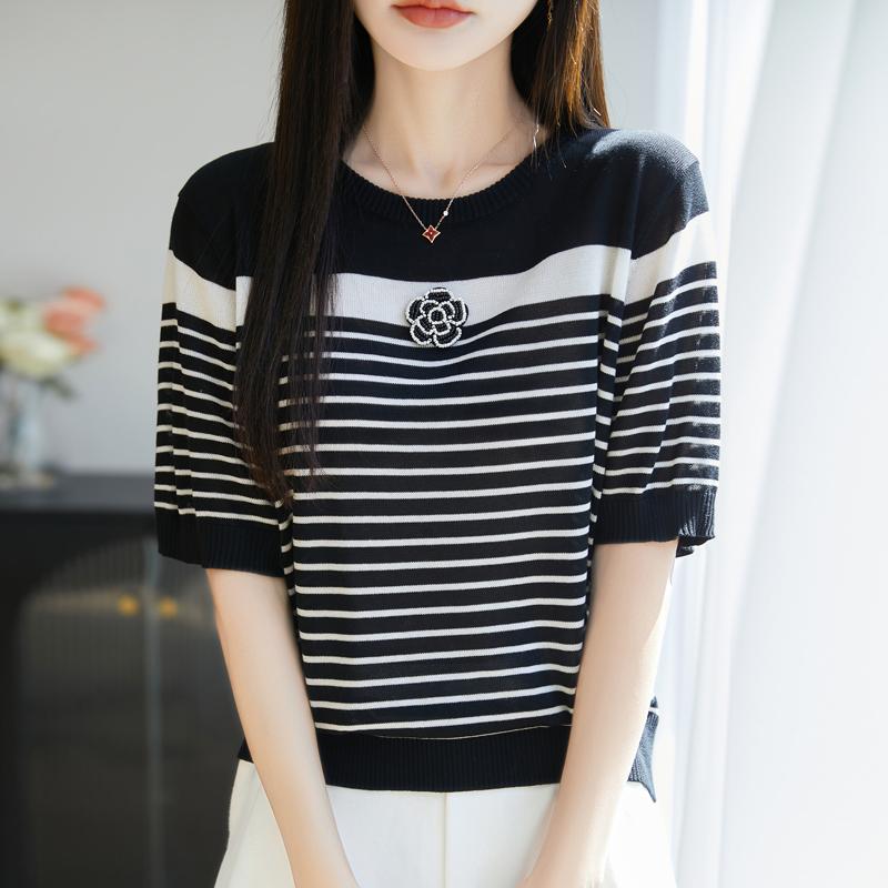 Women Knit T-shirt MODERN NEW SAGA Summer Knitted Shirt Short Sleeve Tees O-neck Patchwork Pullover Knit Tops