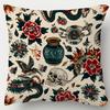 1pc Vintage Tattoo Floral Cushion Cover - Soft Short Plush Zipper Pillowcase Suitable for Home, Sofa, Bed & Office Decor, Machine Washable Contemporar