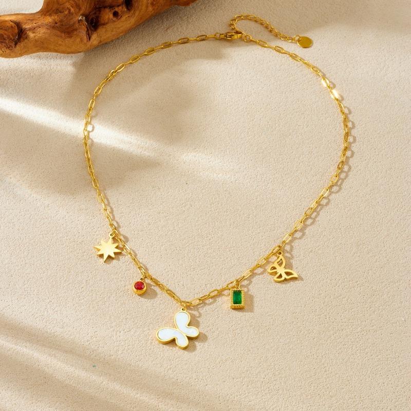 Gold Plated Paperclip Chain Necklace with Butterfly Star and Crystal Charms Fashion Jewelry for Women жёлтый