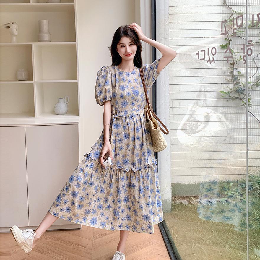 Bubble Sleeve Floral Dress Women's Summer New Fungus Edge Loose Small Long A-shaped Dress