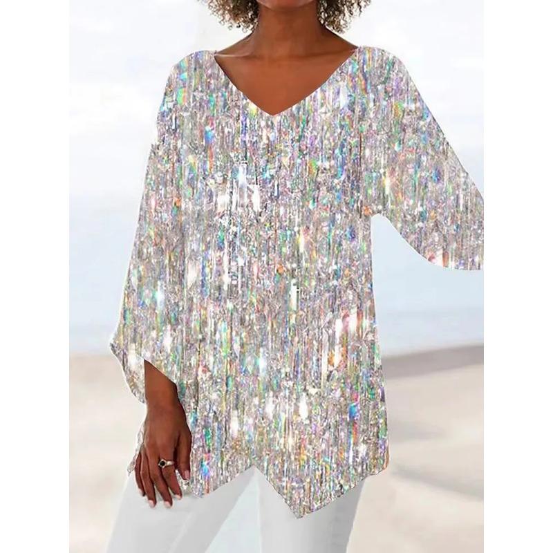 Spring Summer V-neck Printing Fashion Women Blouse New Casual Loose Irregular Top T-shirt Large Size Simple Elegant Office Shirt Women's Clothing