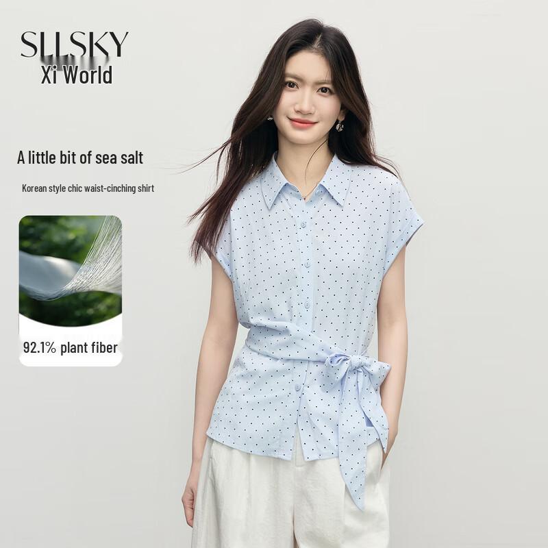 Sllsky Women s Polka Dot Tie-Waist Blouse L