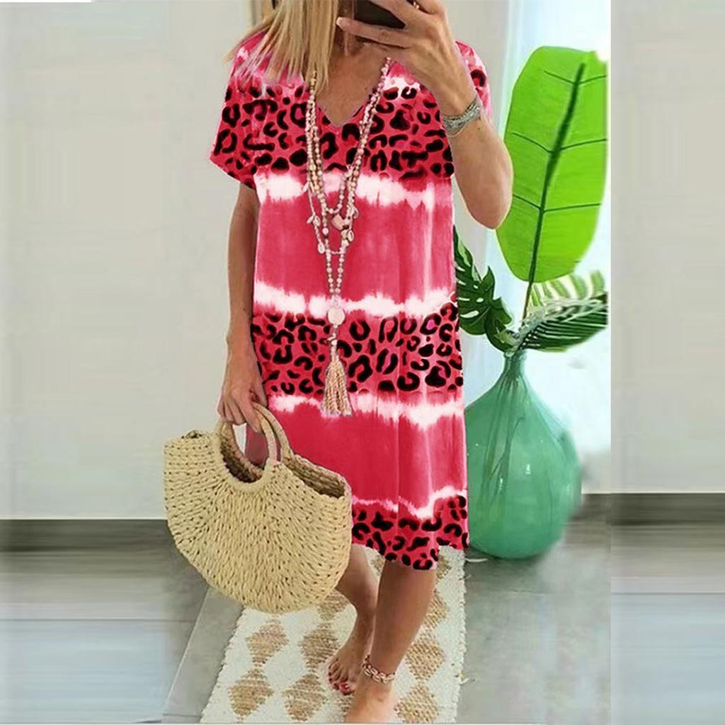 Women's Summer Leopard Print V-neck Short-sleeved Loose Mid-length Dress