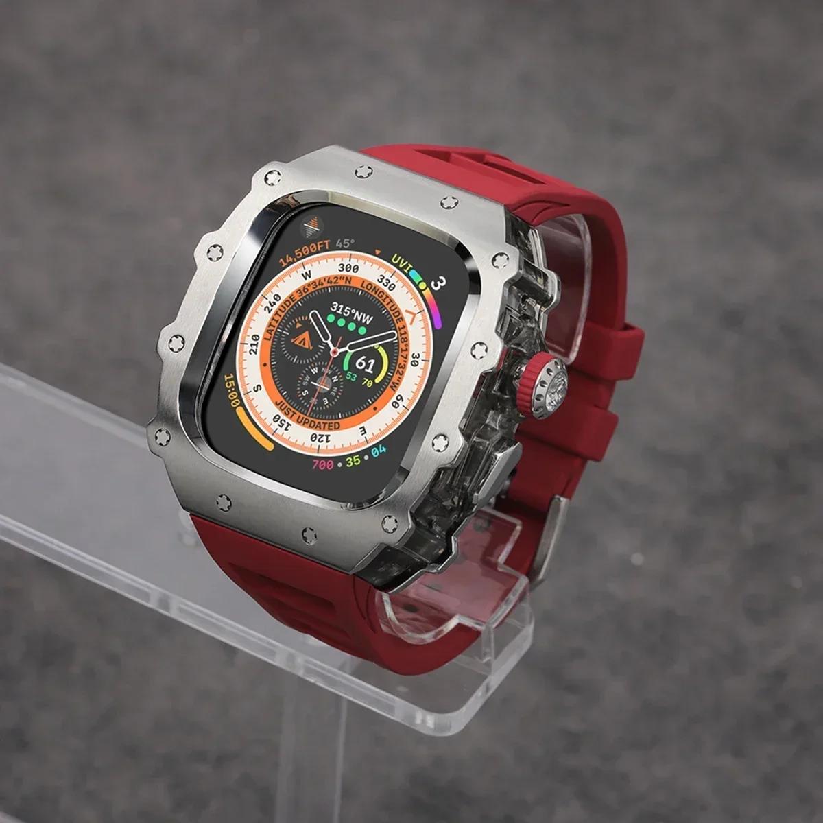 

Розкішний набір для модифікації для Apple Watch Ultra 3 49 мм 45 мм 44 мм Корпус з нержавіючої сталі для IWatch 9 8 7 6 Кришталева кнопка Спортивний ремінець 987654SE 44 45mm