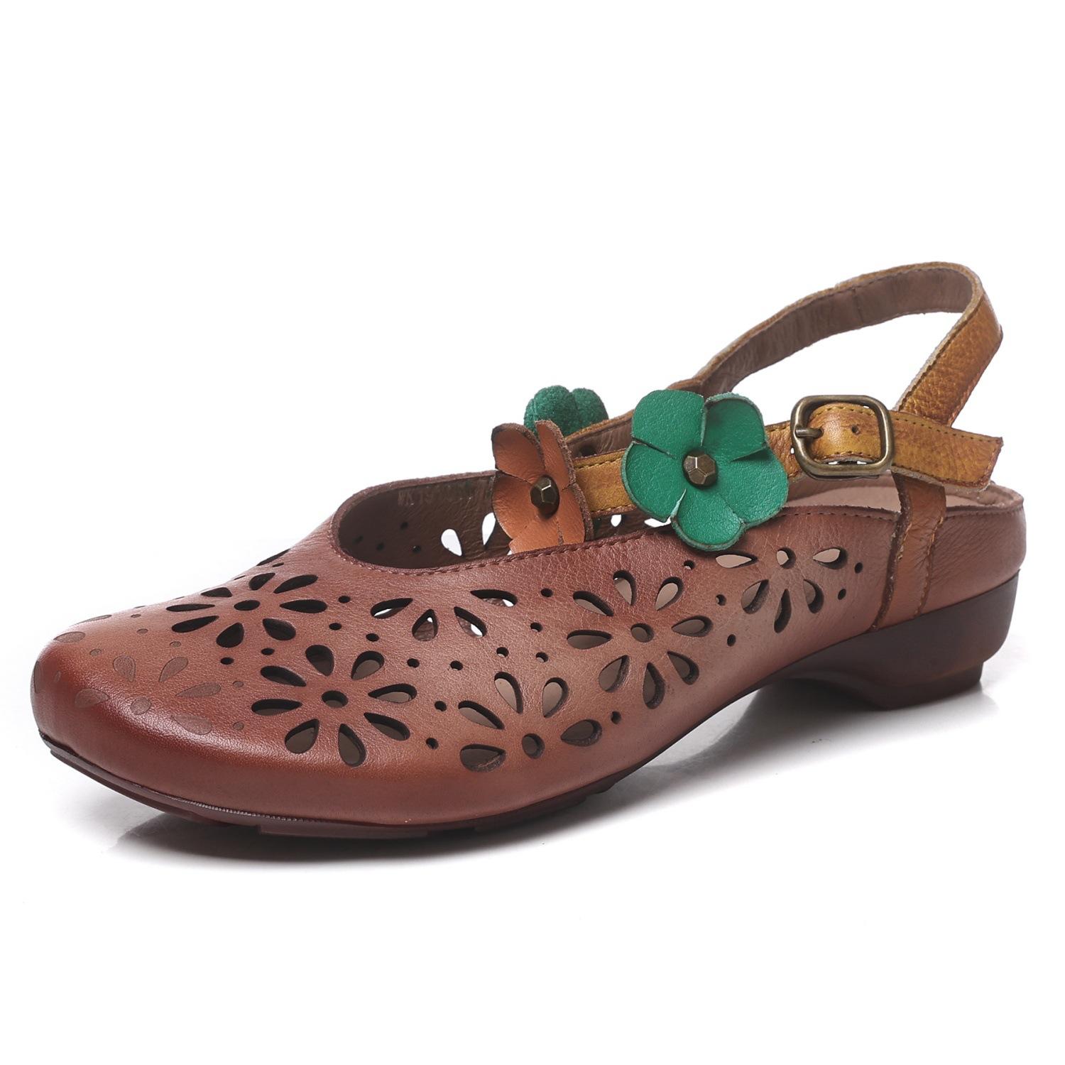 

Johnature Genuine Leather Hollow-out Flower Round Toe Sandals Retro Low Heel Soft Soled Women s Shoes 35
