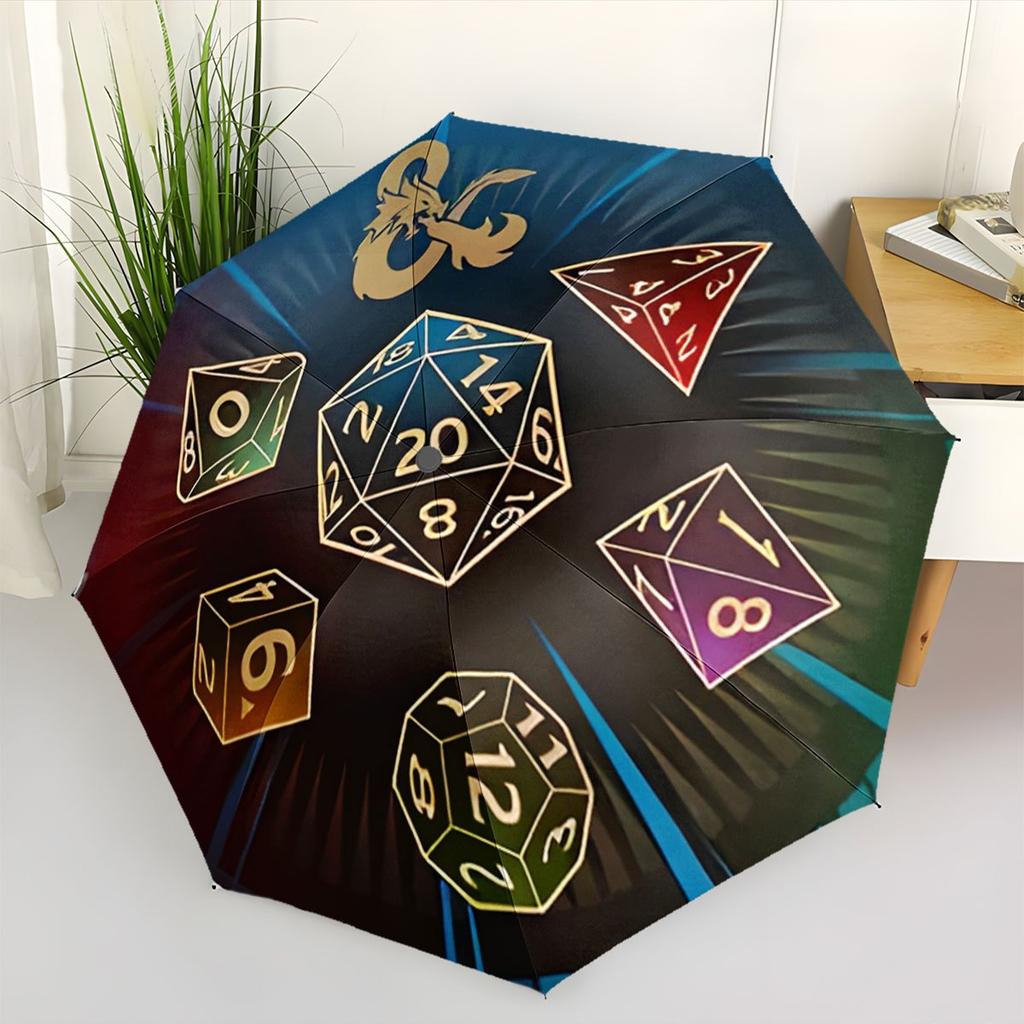 Dungeons & Dragons Dragon Amperand Logo Folding Umbrella - 8-Rib Automatic Open Compact Travel Umbrella with Polyhedral Dice P