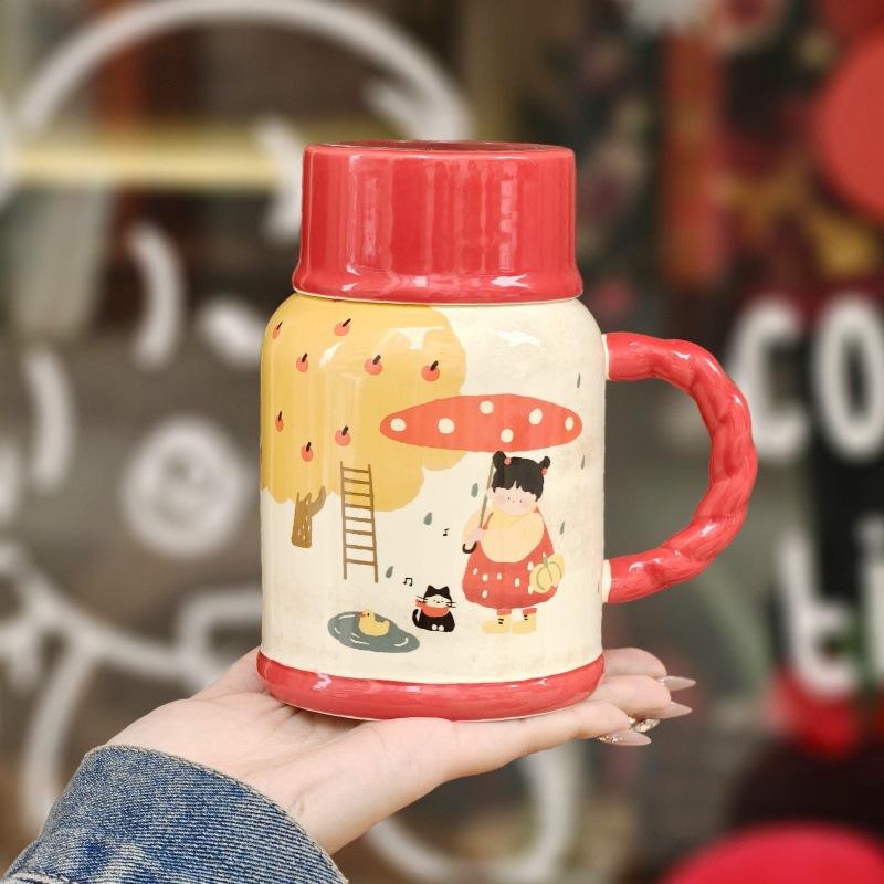 Cute high-value milk fufu kettle girls large-capacity ceramic mug with lid spoon birthday gift souvenir