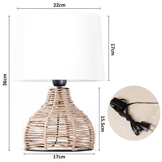 36 Cm Zarif Tasarım Uzun Kağıt İp Rattan Hasır Görünümlü Standart Komodin Masa Lambası Açık Bej Kumaş Keten Abajurlu
