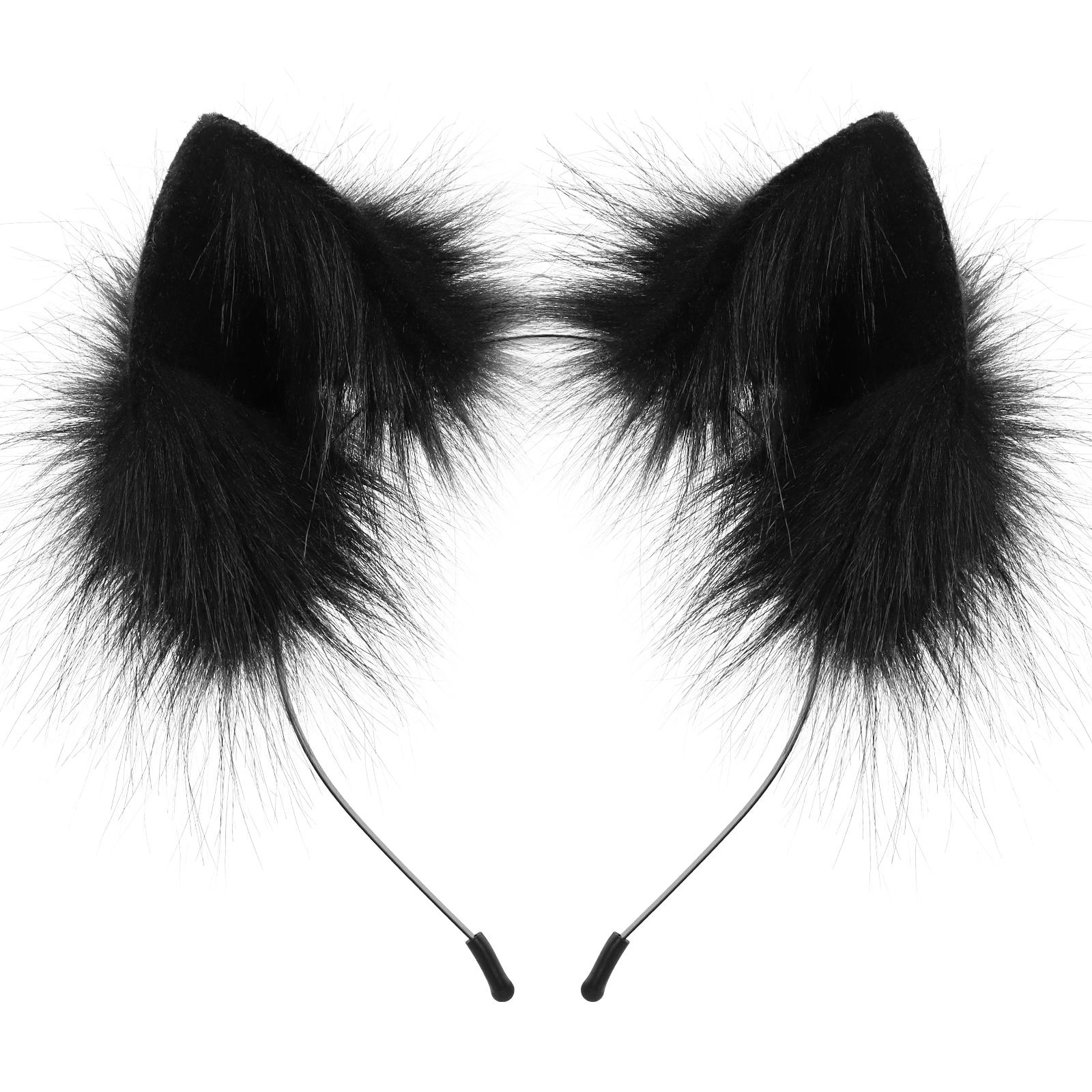 Handgefertigtes Tierohren-Stirnband aus Kunstfell, flauschiges Katzen-Fuchs-Ohren-Haarreif, Kopfschmuck, Kostümzubehör für Cosplay, Maskerade schwarz