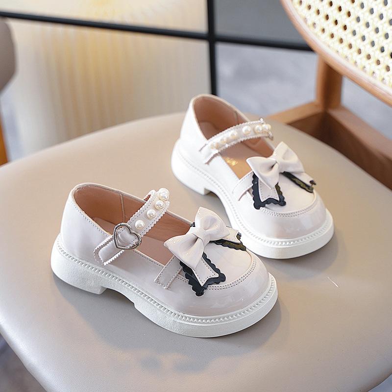 Autumn New Girls Leather Shoes Black Beige Kid Princess Mary Janes Elegant Bowknot Pearl Hook-loop Stylish Children Chunky Shoes