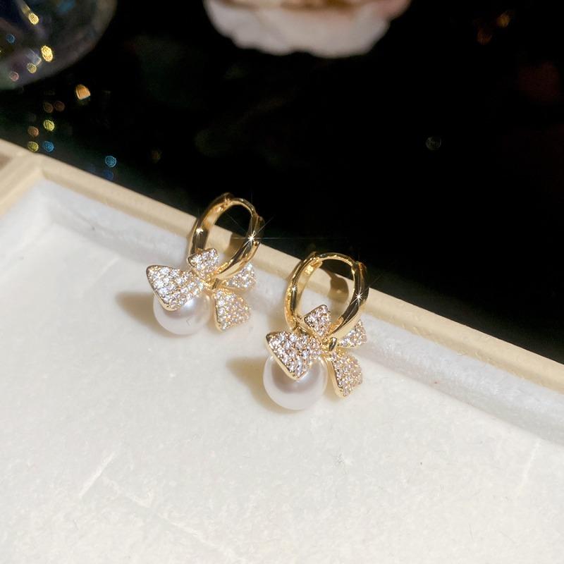 French retro silver needle zircon bow pearl ear buckle necklace set new light luxury high-end jewelry