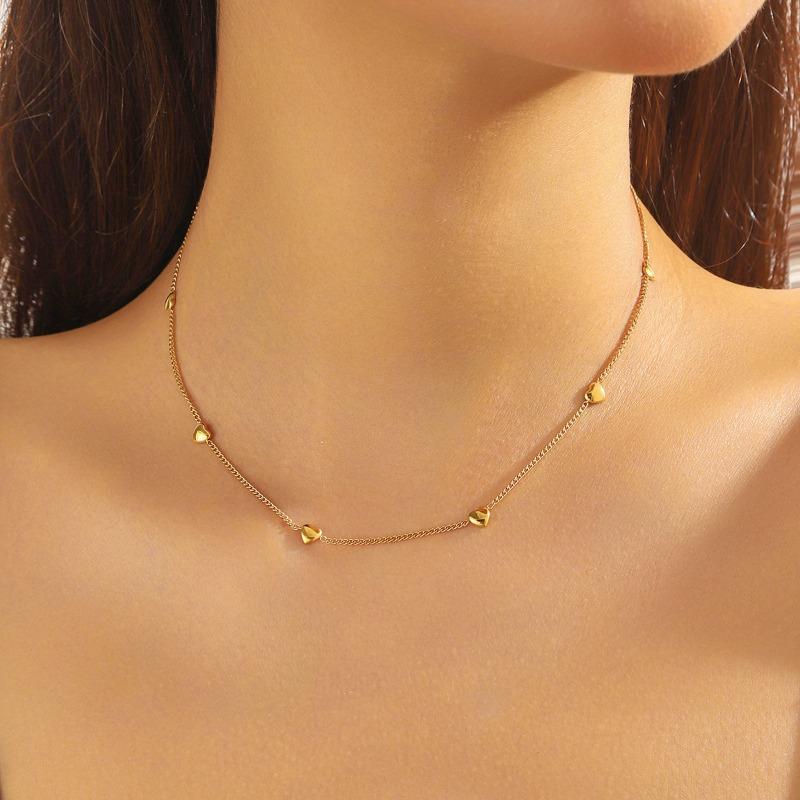 Gold Plated 3D Heart Station Chain Necklace, Stainless Steel Dainty Heart Pendant Choker, Waterproof Minimalist Jewelry for Women Gift