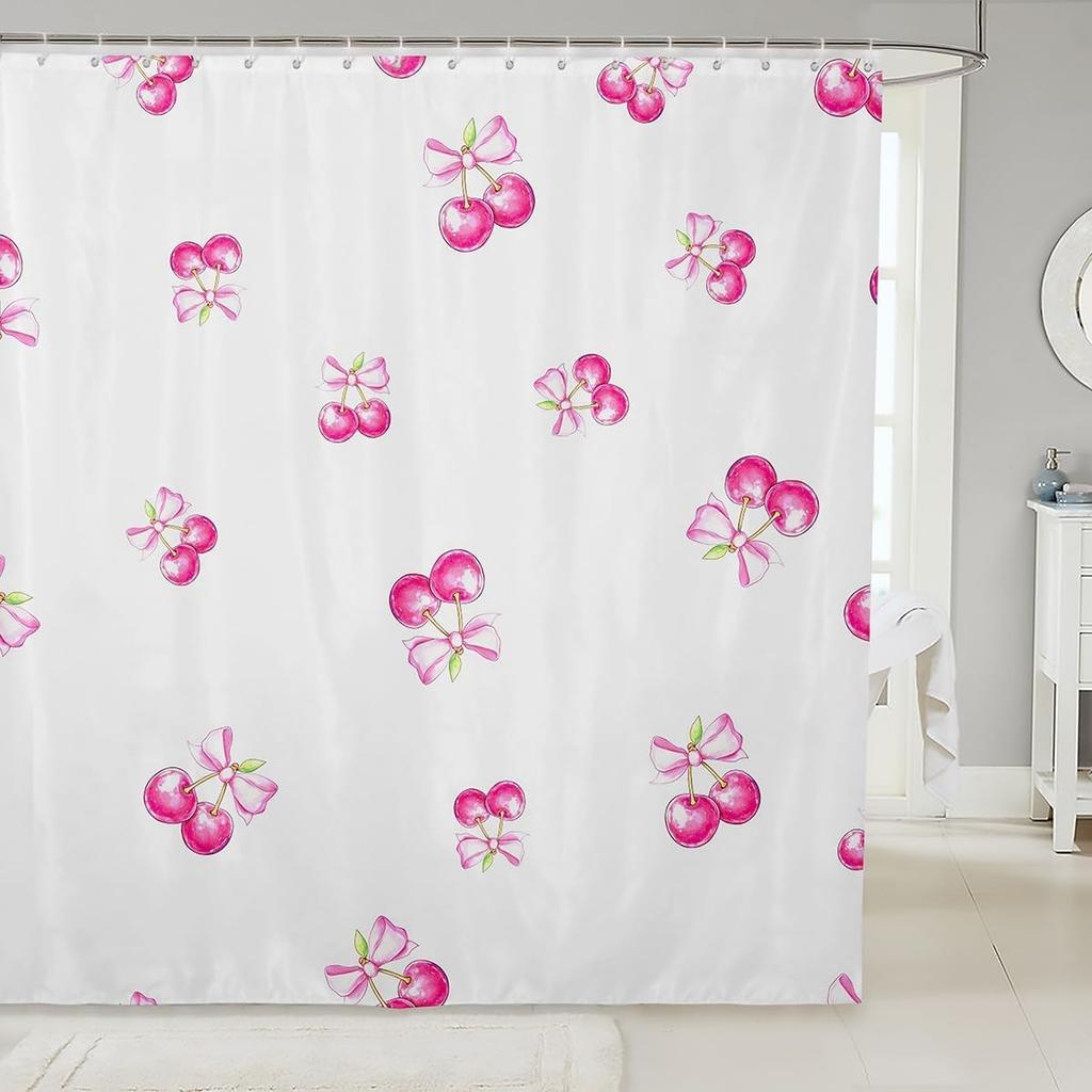 Kids Cherry Bathroom Shower Curtain Set Cherry Pattern Shower Curtain Boys Girls Cute Fruit Bath Curtain for Cartoon Fruit
