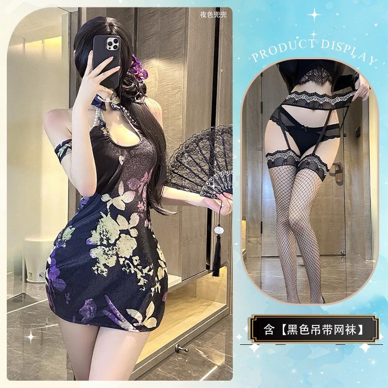 Sex Underwear Temperament Printed Cheongsam Retro Pan Mouth Side High Split Hollow Improved Cheongsam Antique and Sexy