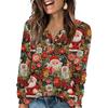 Women's Fashion V-Neck Button-Up T-Shirt With Christmas Print Long-Sleeved Top